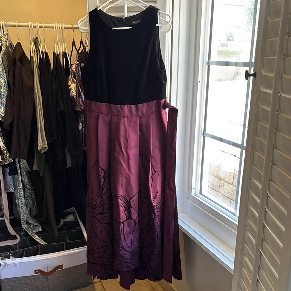 Elegant Black Velvet and Purple Floral Dress